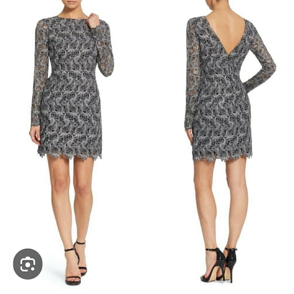 DRESS THE POPULATION Gray & Black MARINA Crochet SCALLOPED Sheath DRESS Size XXL
